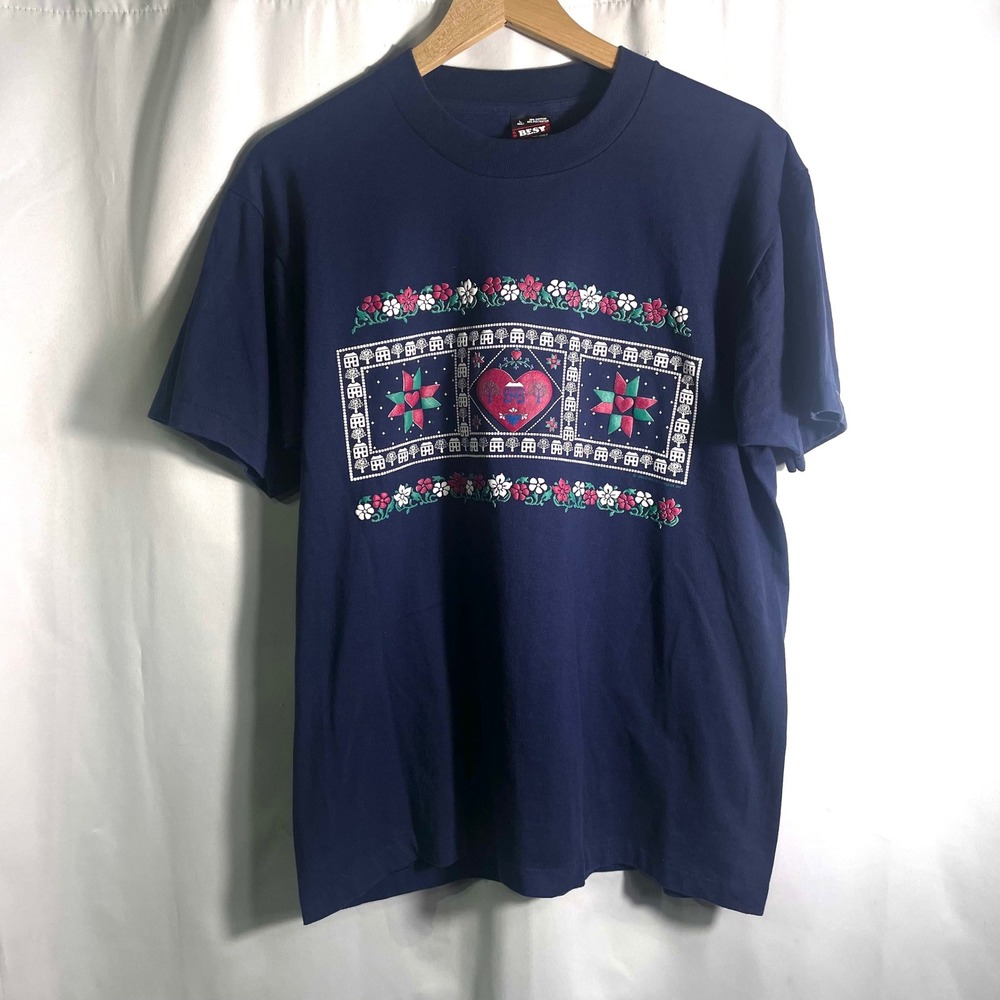 Vintage 90s Best Fruit of the Loom T-Shirt Women Large Country Puff Print Navy